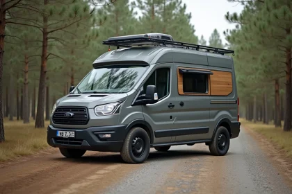 Fourgon compact aménagé en van de voyage garé sur un chemin forestier, vue trois quarts avant