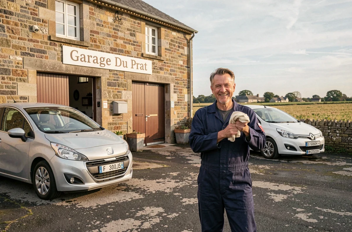 Garage Du Prat SARL en Morbihan avec deux voitures de location devant une façade traditionnelle bretonne