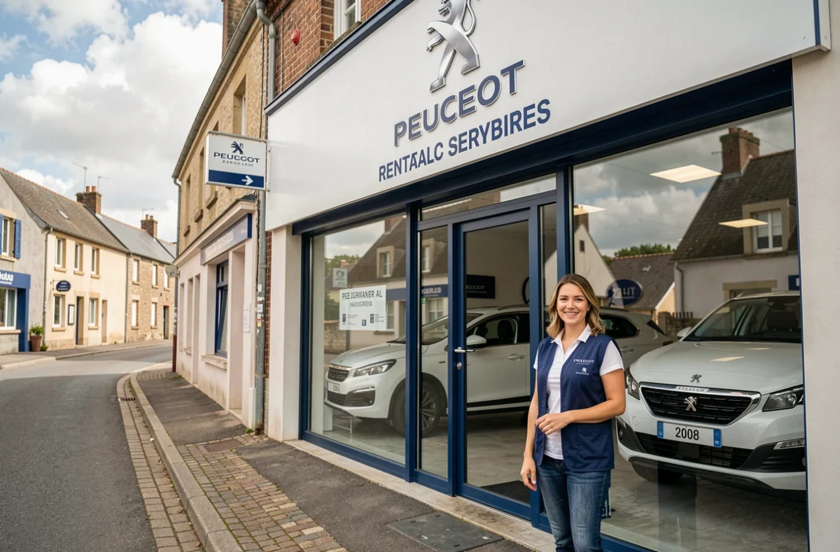 Garage Renet agent Peugeot en Morbihan avec façade de concession et conseillère à l'entrée