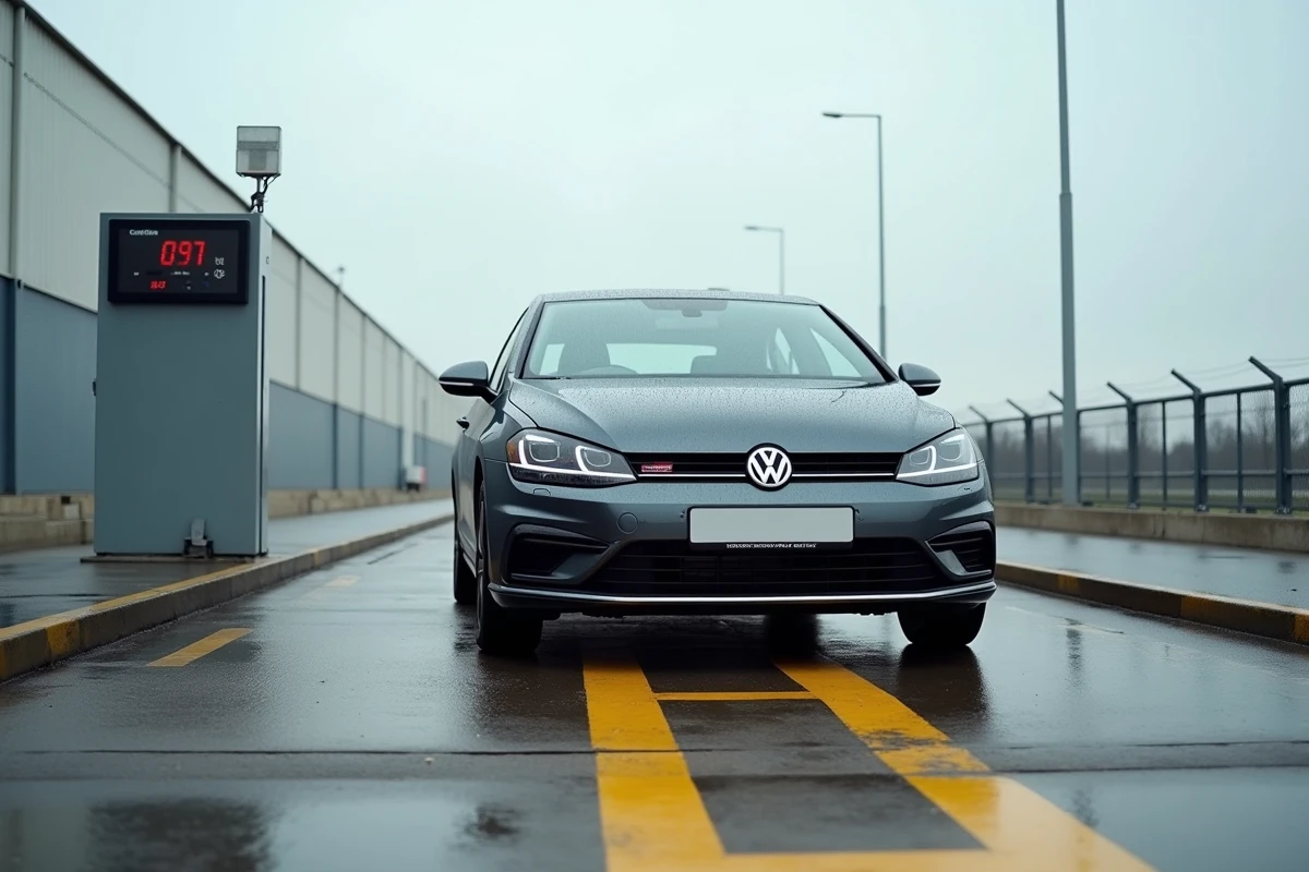 Volkswagen Golf 7 posée sur un pont-bascule homologué pour mesure du poids à vide et vérification PTAC