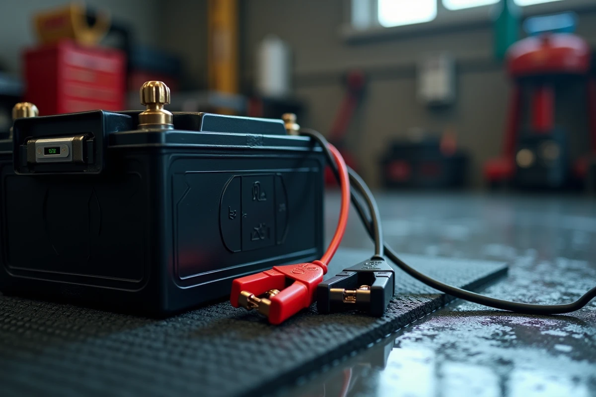Gros plan sur les bornes d'une batterie voiture connectées à un chargeur électronique avec indicateur vert