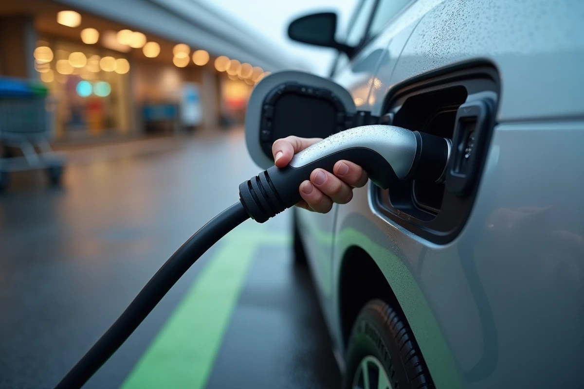 Gros plan sur un connecteur de recharge de type 2 branché sur une voiture électrique à une borne Carrefour sous un parking extérieur humide