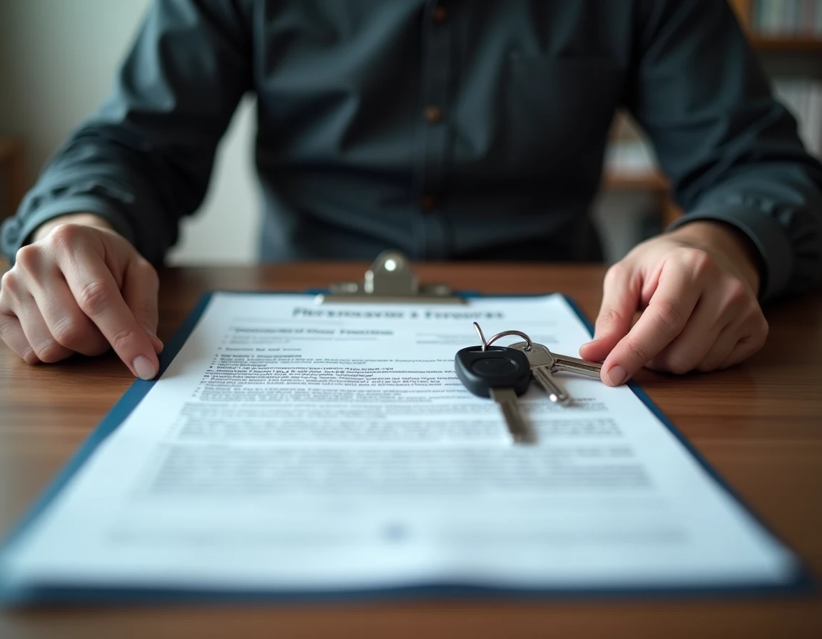Gros plan sur un contrat d'assurance voiture Alliance et des clés de voiture posées sur un bureau