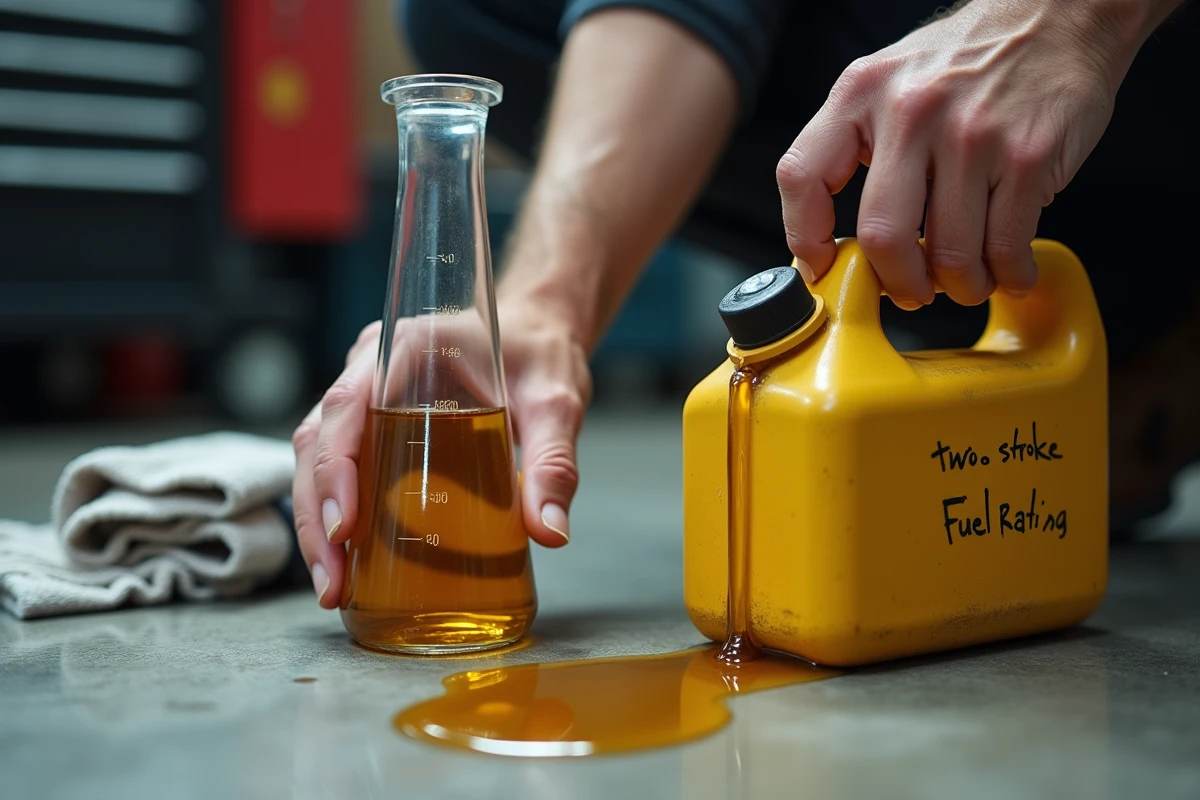 Gros plan sur le dosage précis d'huile deux temps dans un flacon gradué pour le mélange carburant
