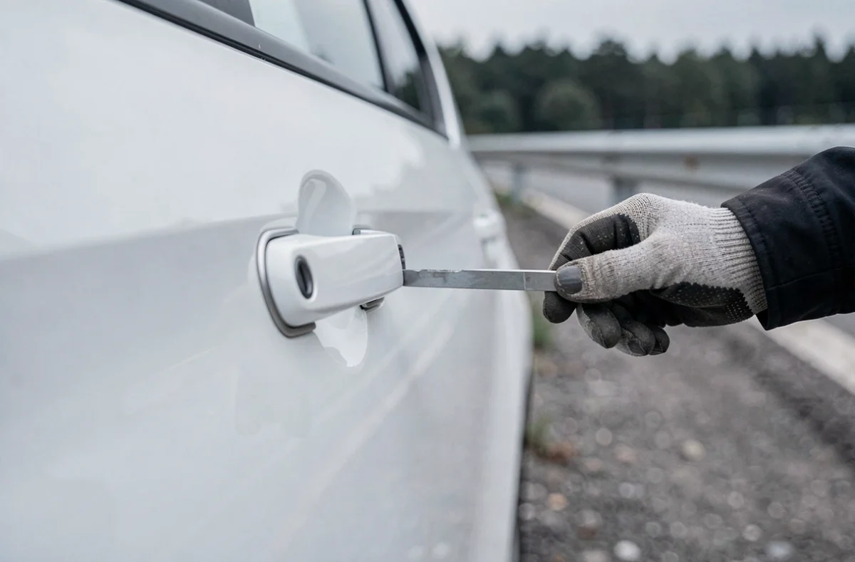 Gros plan sur l'ouverture d'une serrure de voiture centralisée par un technicien avec un outil de déblocage professionnel