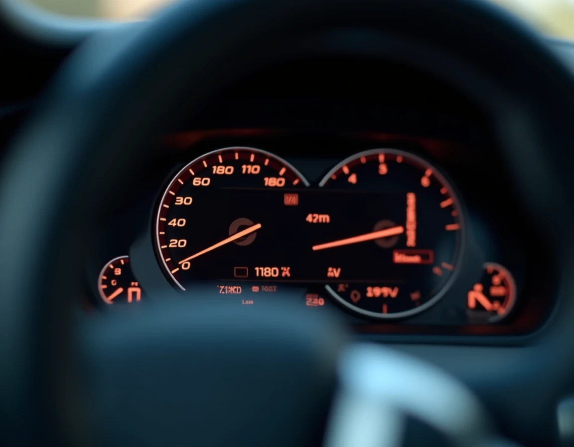 Gros plan sur le combiné d'instruments d'une BMW avec les voyants airbag, ABS et frein simultanément allumés