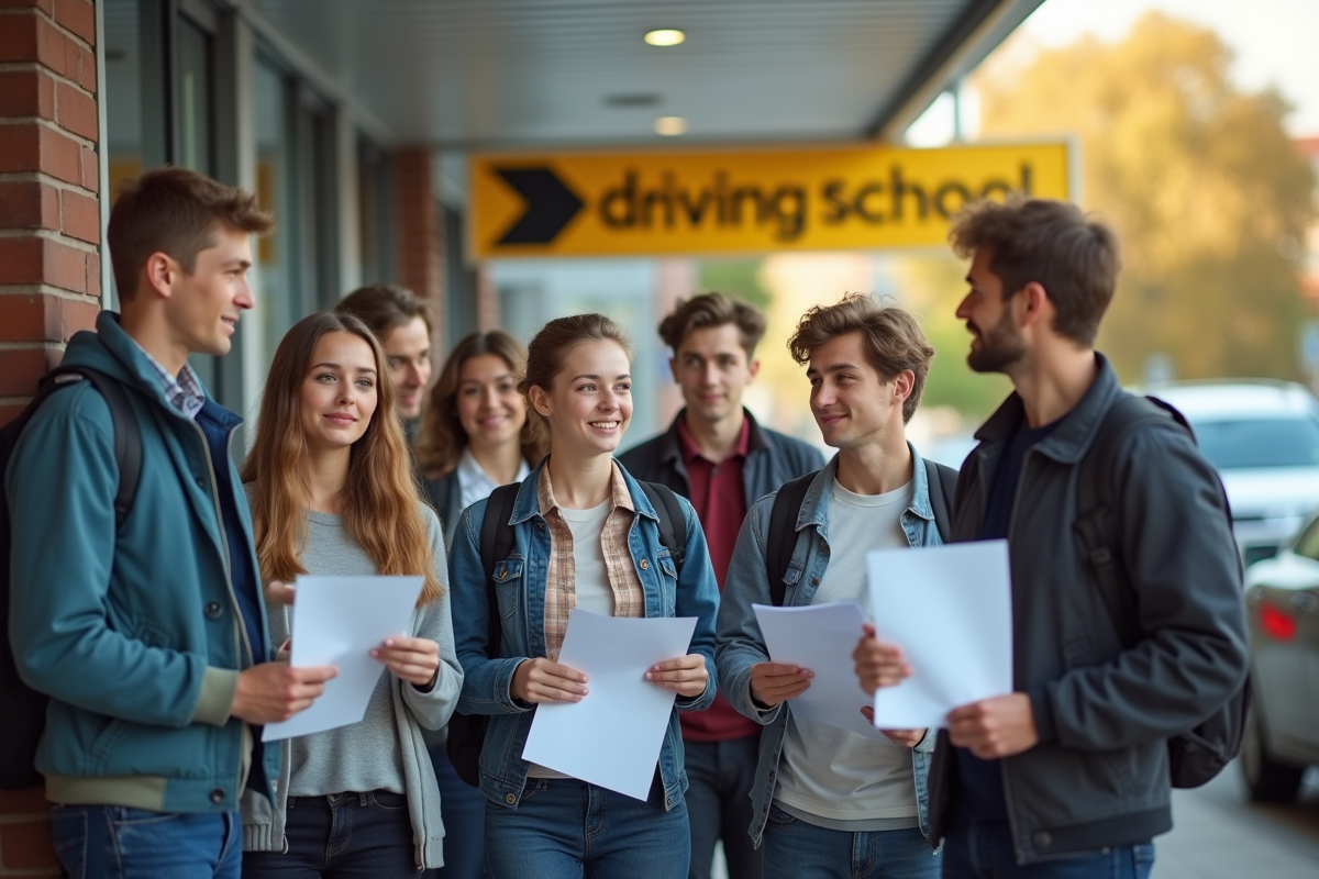 Groupe d adolescents avec instructeur devant école de conduite