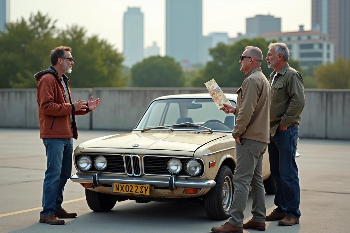 Groupe de fans admirant une voiture classique dans un parking