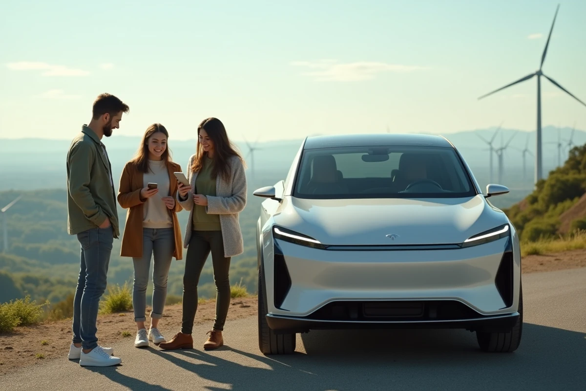 Groupe de jeunes devant une voiture électrique avec vue panoramique