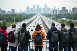 Groupe de jeunes et adultes observant le trafic urbain