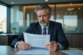 Homme d'affaires examinant un contrat d'assurance au bureau