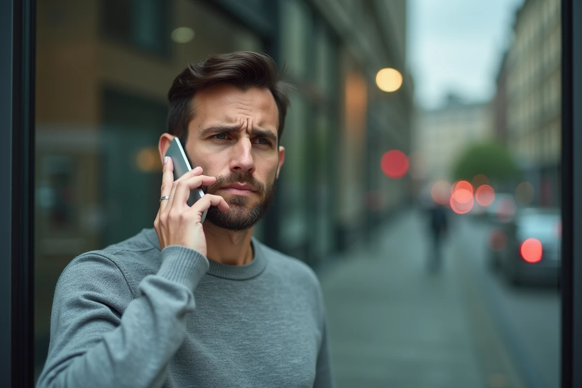 Homme appelant le service client Groupama depuis son smartphone en zone urbaine