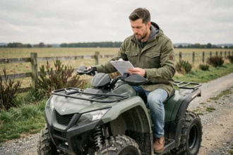 Homme assis sur un quad tout-terrain en campagne consultant des documents d'assurance