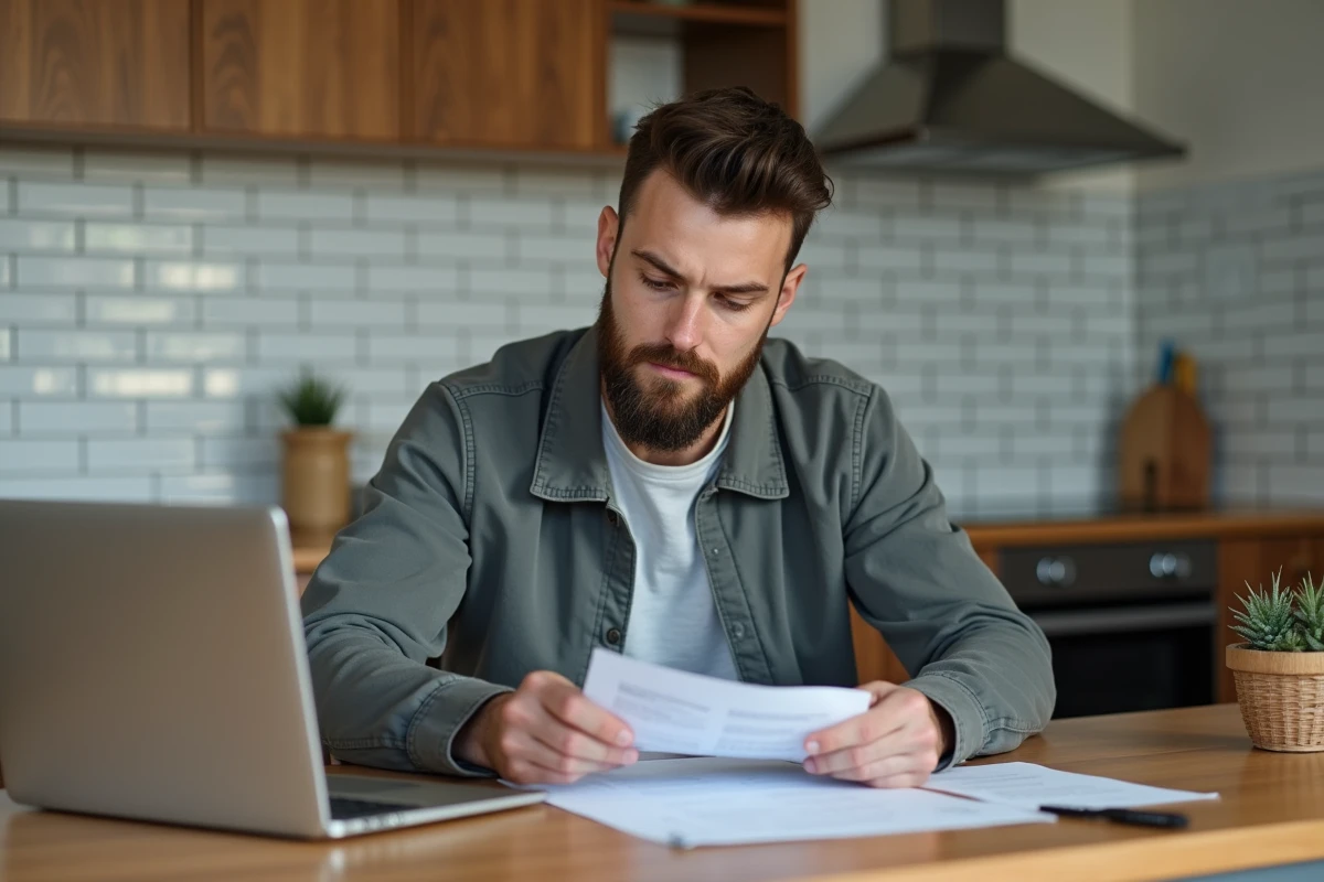 Homme de 30 ans examine simulation d'assurance moto à la maison