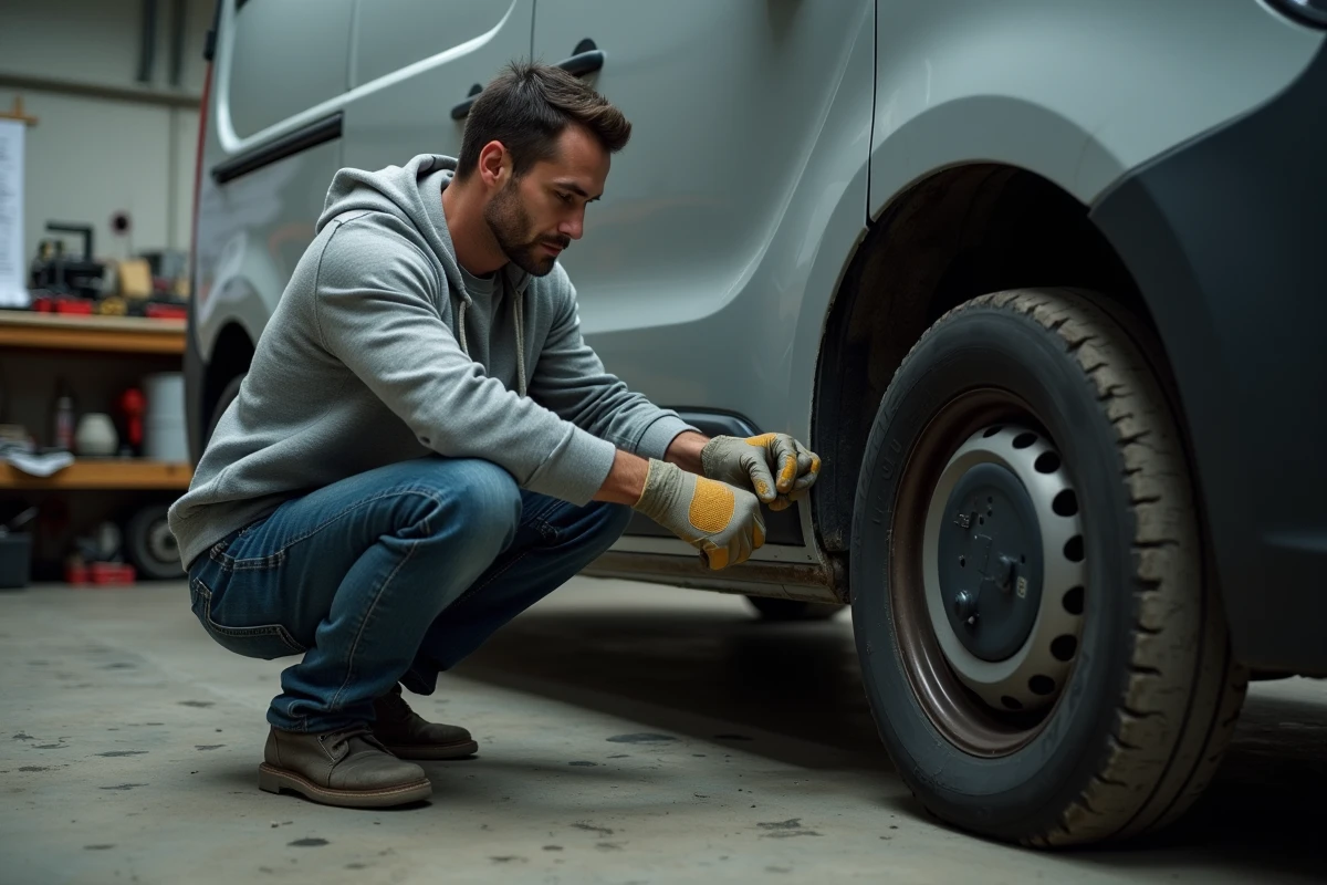 Homme en atelier examinant la carrosserie d'un van compact lors d'un projet de transformation, outils et plans en arrière-plan