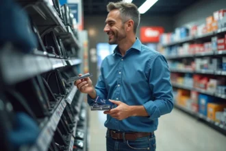 Homme souriant examine des essuie-glaces et miroirs auto