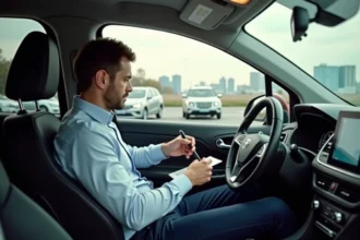 Homme d'affaires dans sa voiture calcule ses dépenses