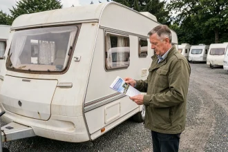 Homme examinant une caravane d'occasion blanche sur un parking de concessionnaire, marché de caravanes 2026