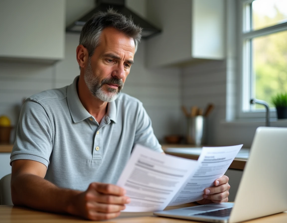 Homme comparant des offres d'assurance automobile Alliance à domicile sur une table en bois