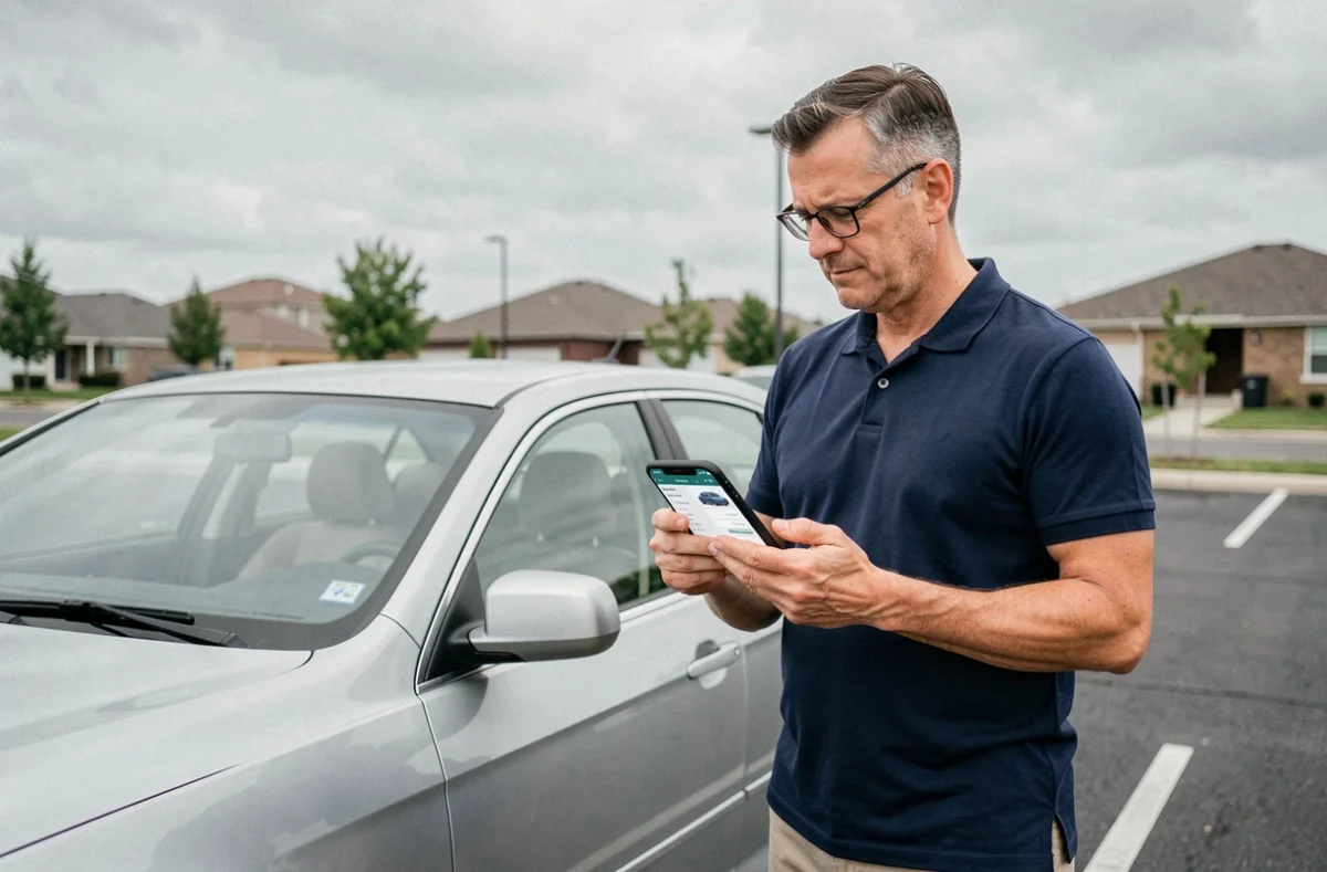 Homme consultant une application de comparateur d'assurance auto à côté de sa voiture