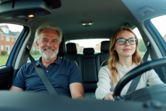 Homme d'âge moyen souriant avec une adolescente concentrée au volant