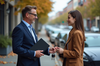 Homme d'âge moyen donnant des clés à une femme devant une voiture