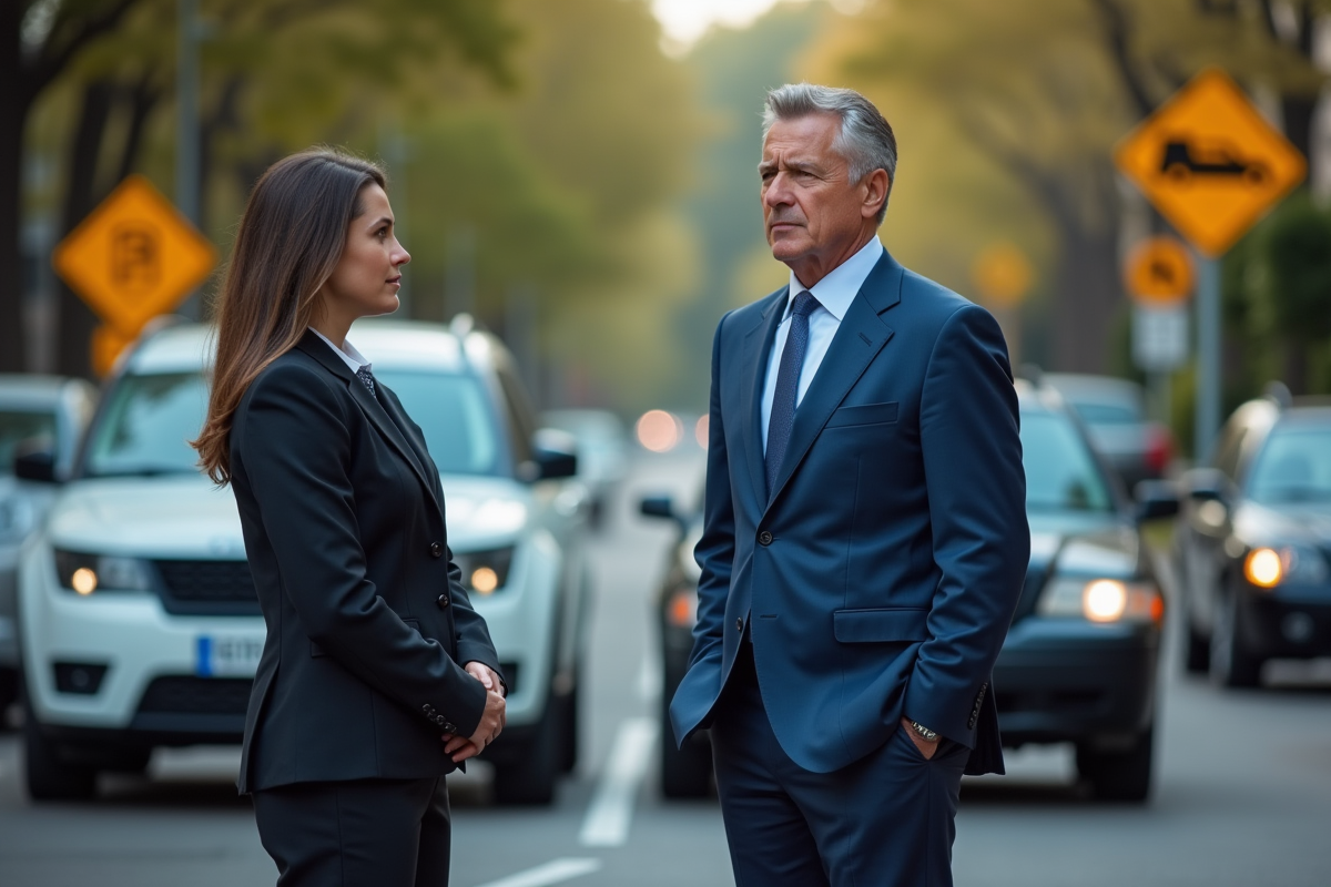 Homme en costume bleu parlant avec une policière après un accident