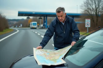 Homme français examinant une carte routière sur sa voiture