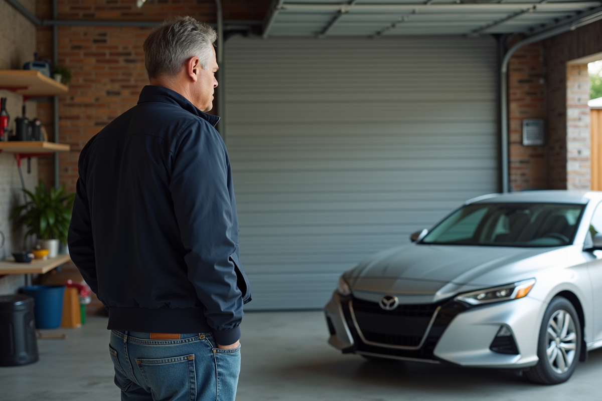 Homme d'âge moyen dans son garage regardant sa voiture