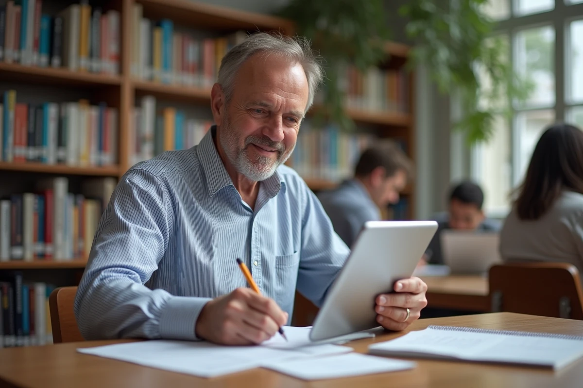 Homme lisant un PDF de questions de permis en bibliothèque