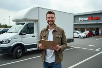 Homme souriant avec documents de location près d'un van blanc