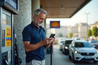 Un homme marseillais consultant une application de comparaison de prix d'essence sur son smartphone à une station-service de Marseille