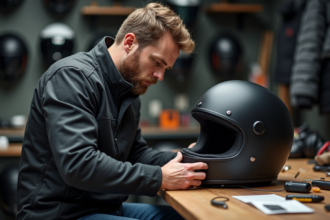 Homme ajustant un intercom dans son casque moto noir