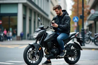 Homme en ville assis sur une moto BENDA 125 vérifiant son smartphone