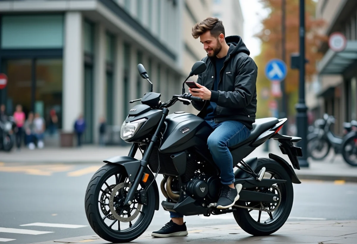 Homme en ville assis sur une moto BENDA 125 vérifiant son smartphone