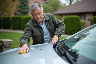 Homme appliquant soin antipollution sur sa voiture