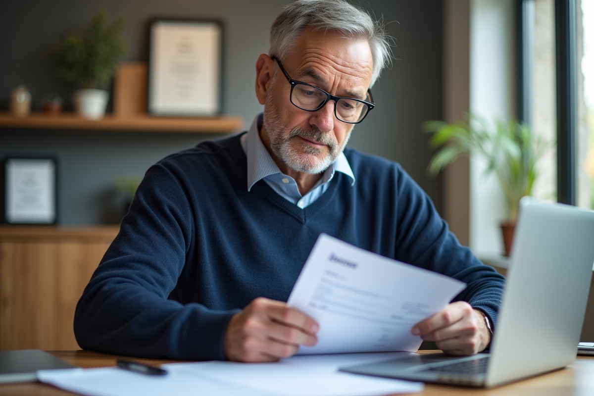 Homme d'âge moyen examinant des papiers de véhicule dans un bureau moderne