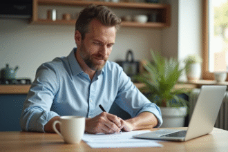 Homme en intérieur remplissant documents d'assurance