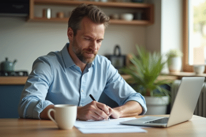 Homme en intérieur remplissant documents d'assurance