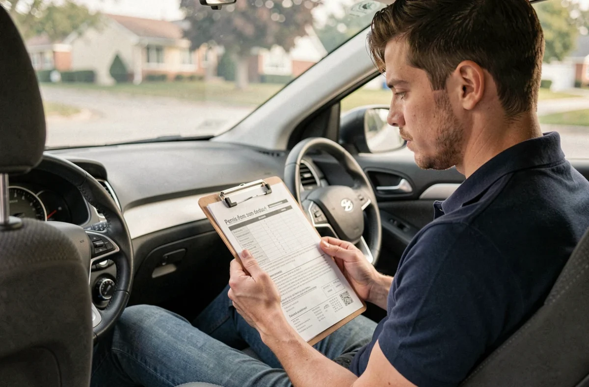 Homme étudiant les questions de vérification du permis de conduire sur un document imprimé à l'intérieur d'une voiture garée