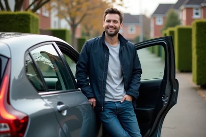 Homme souriant à côté d'une voiture moderne dans un quartier résidentiel