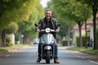 Homme d'âge moyen en scooter à trois roues dans un village français