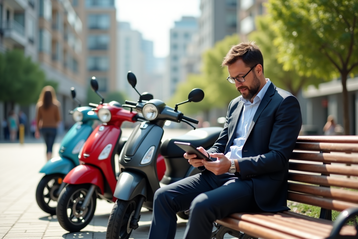 Homme consulte une tablette près de scooters en ville