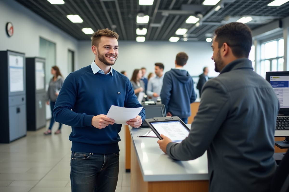 Jeune homme souriant présentant ses documents au service client