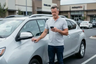 Homme consultant son smartphone à côté d'un SUV Toyota argenté dans un parking suburban, illustrant une erreur de recherche en ligne