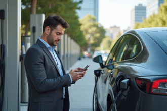 Homme d'affaires examine son smartphone près d'une voiture électrique moderne