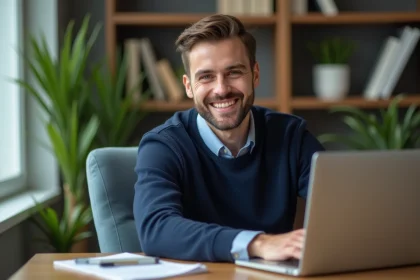 Homme souriant utilisant un ordinateur dans un bureau moderne