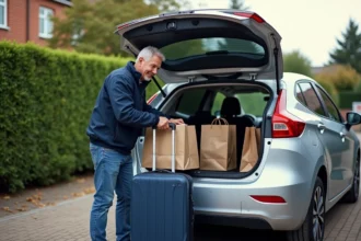 Homme d'âge moyen chargeant sa voiture dans une allée résidentielle