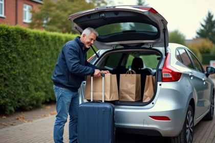 Homme d'âge moyen chargeant sa voiture dans une allée résidentielle