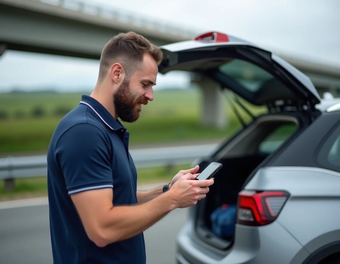 Homme consultant l'application de gestion énergétique de son SUV hybride lors d'une pause sur autoroute